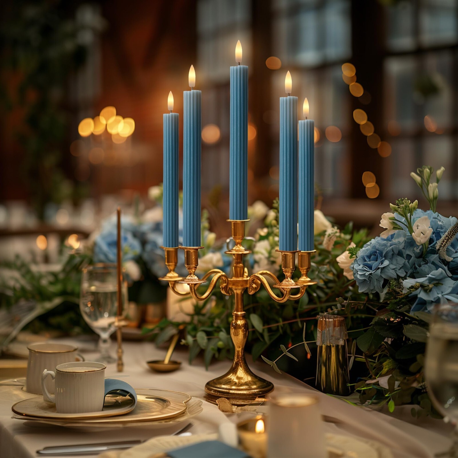 10″ Fluted Ribbed LED Blue Grooved Pillar Candles Remote & 24h Timer Memory