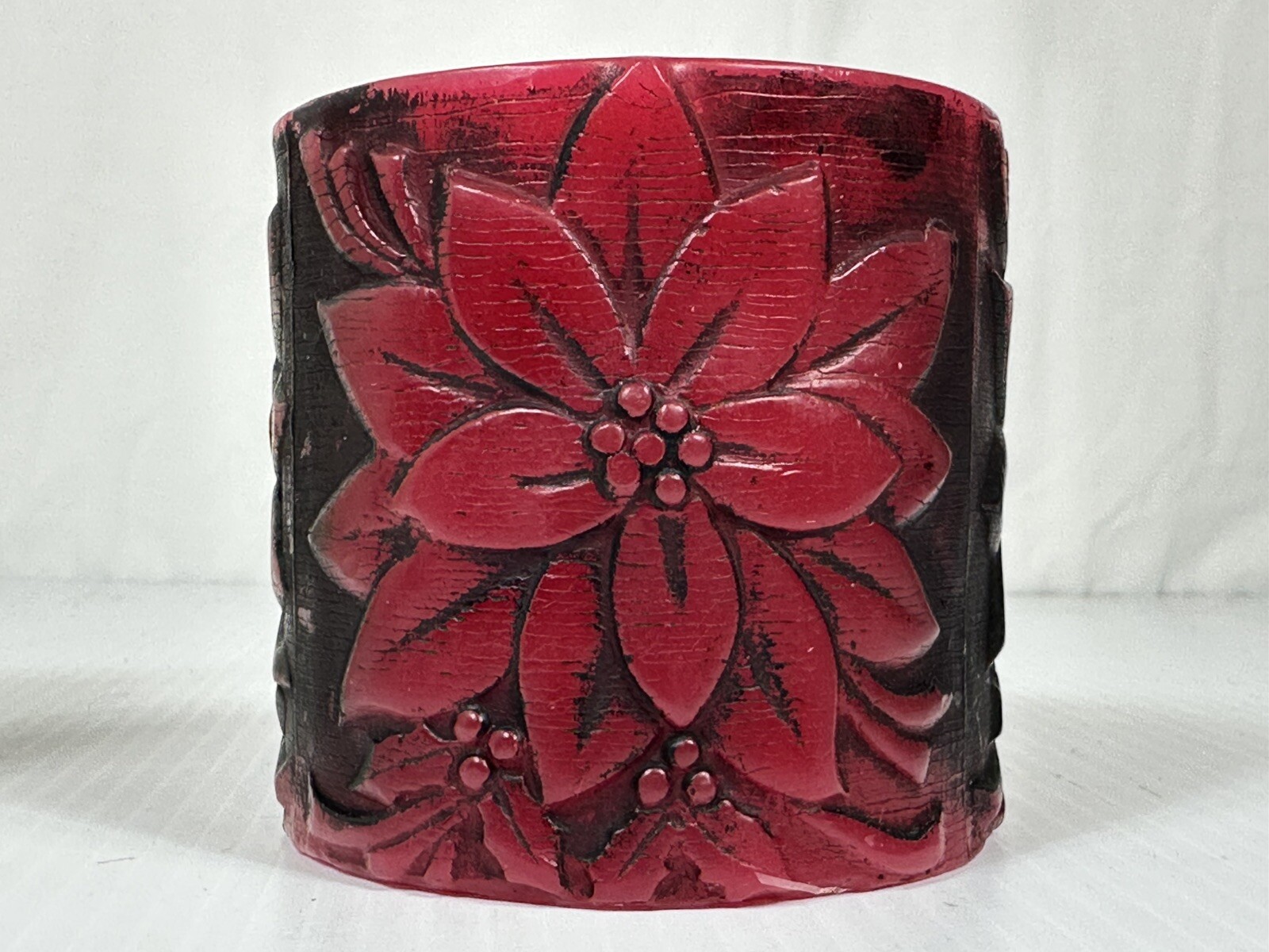Vintage Poinsettia Pillar Candle Antique Red Floral Design Colonial Candle Box