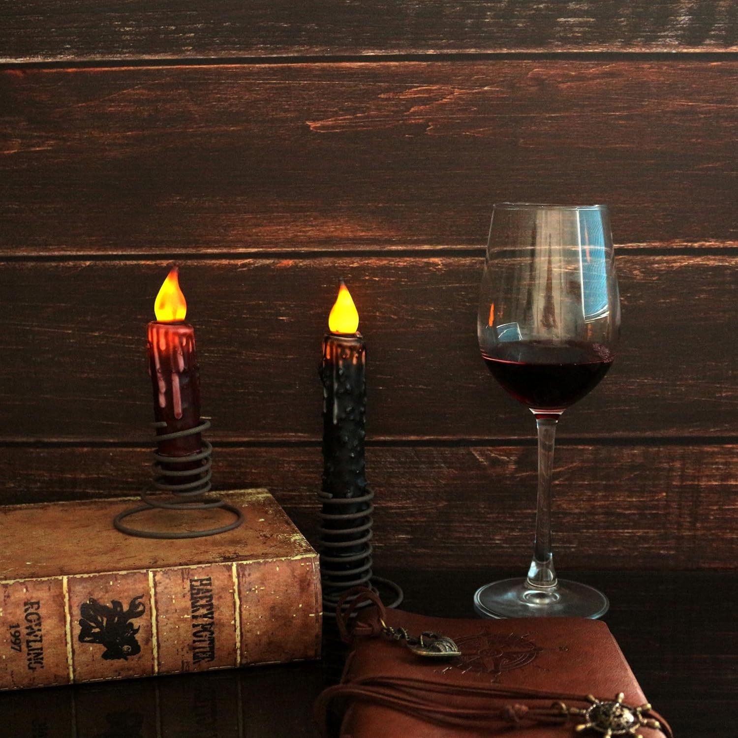 Real Wax Hand Dipped Battery Operated LED Timer Taper Candles Country Primiti…
