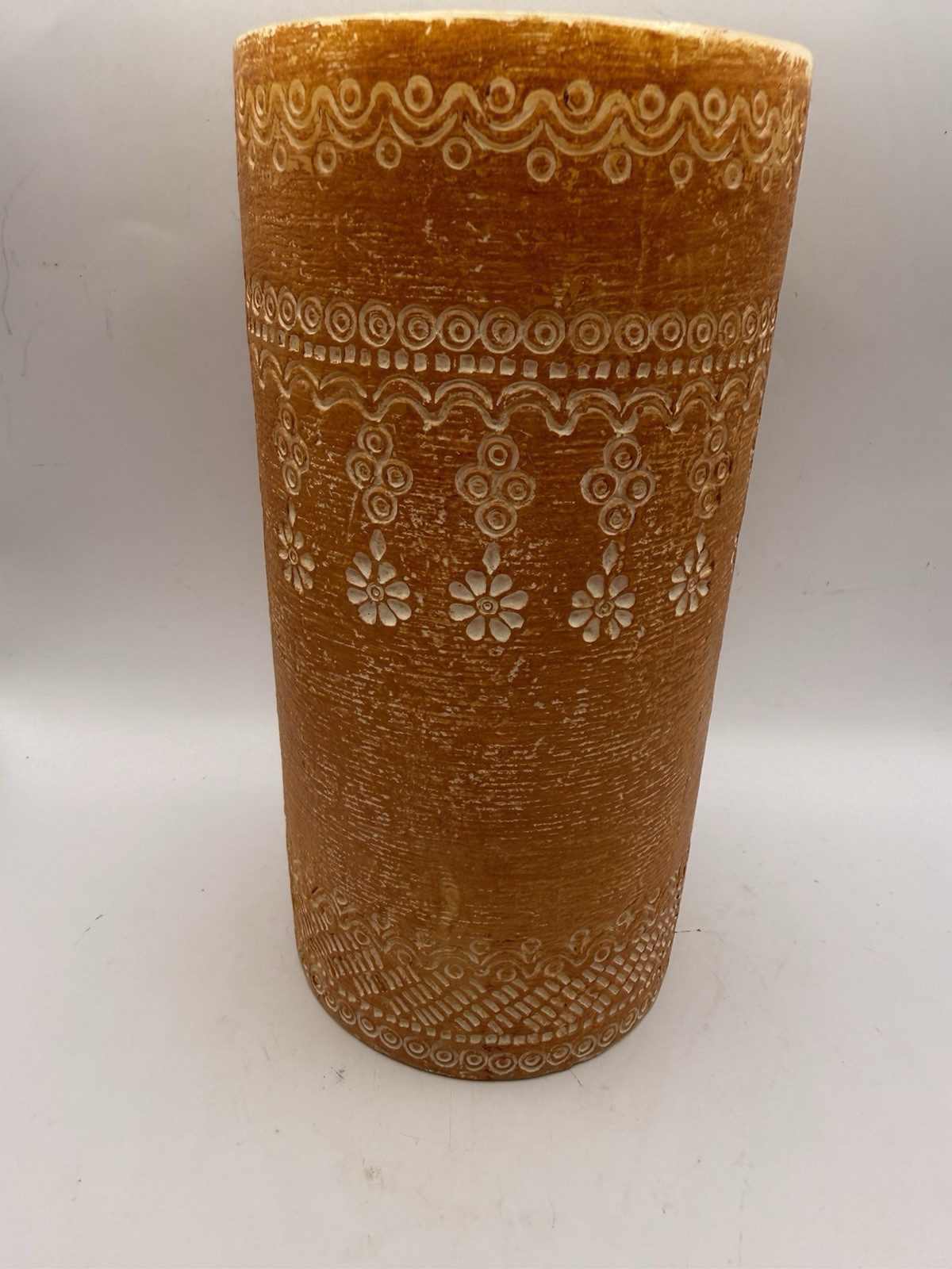 Pottery Barn Pillar Candle Embossed Orange Boho Unscented Never Used