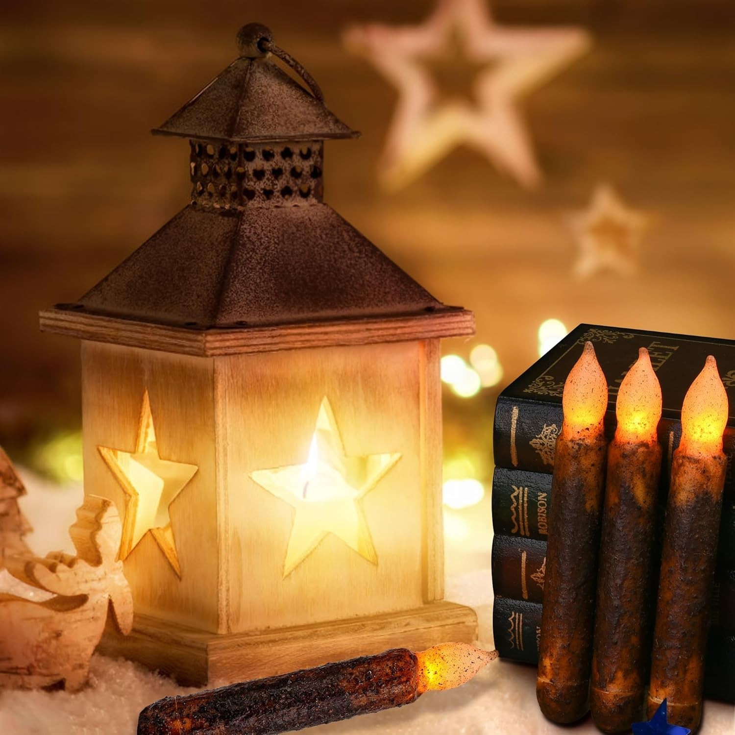 Taper Primitive Candles with Timer 6Pcs Real Wax Hand Dipped Battery Operated Fl