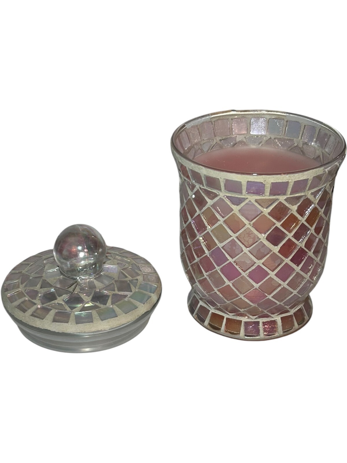 Pier 1 Imports Mosaic Ocean Pearl Candle Jar Pink Iridescent Breast Cancer Pin