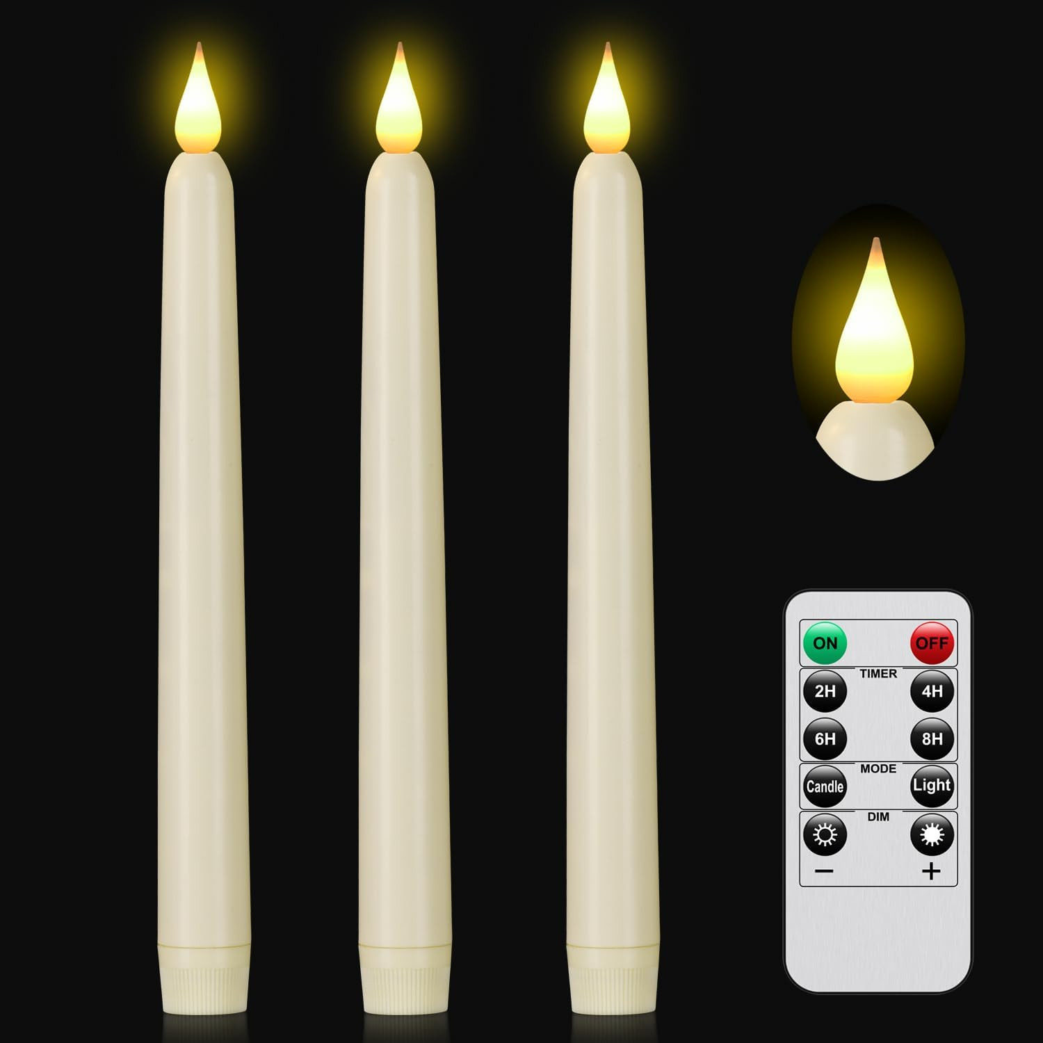 Flameless Taper Candle with Remote Control, 3Pack Plastic LED Candles, Flickerin