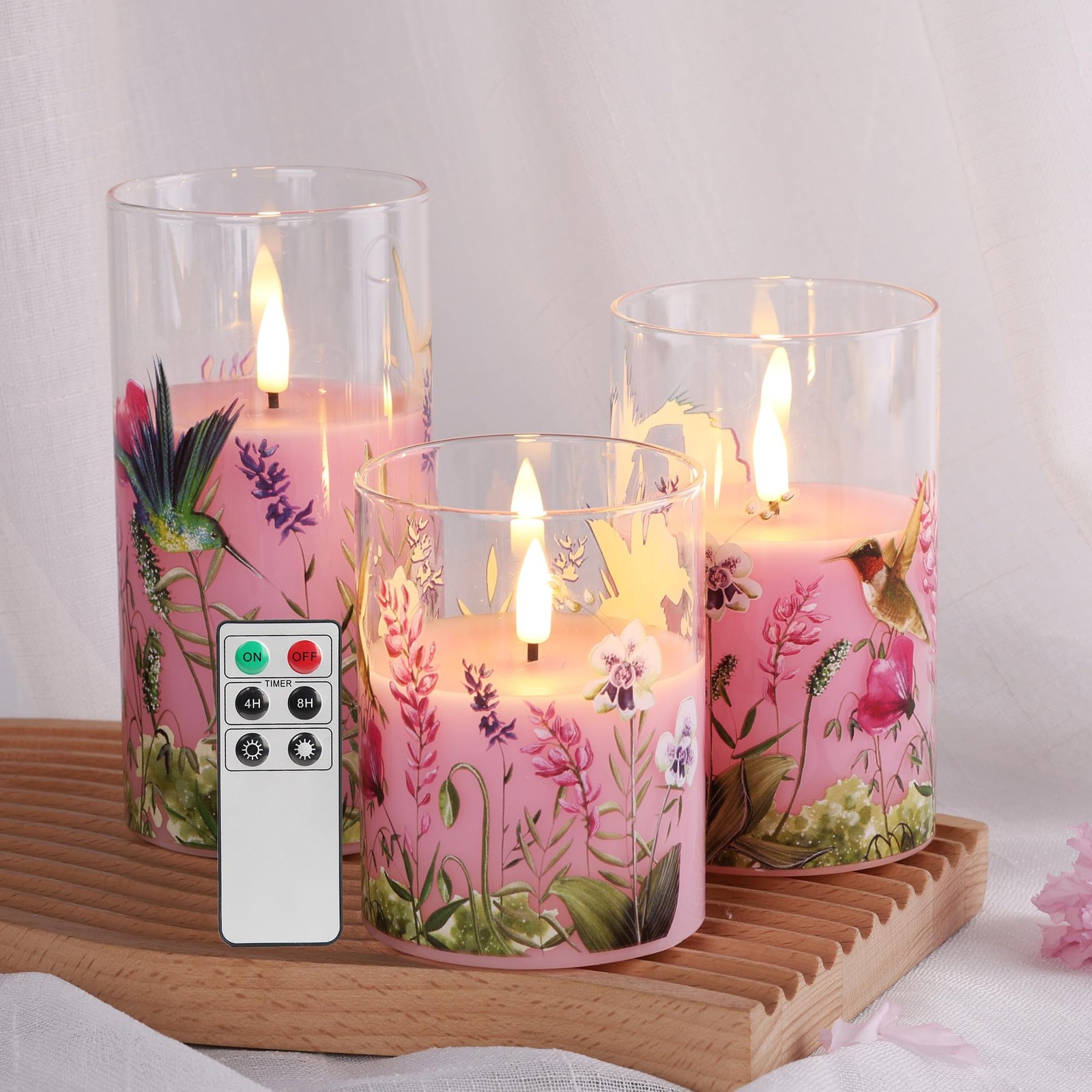 Eywamage Pink Hummingbird Floral Glass Flameless Candles with 3,
