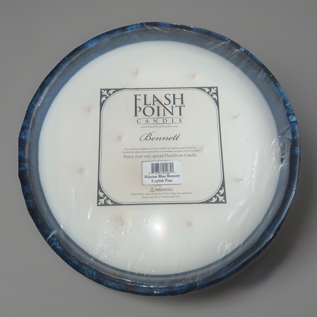 Flash Point Bennett 12 Wick Candle Mission Blue Earth Pottery English Pear New