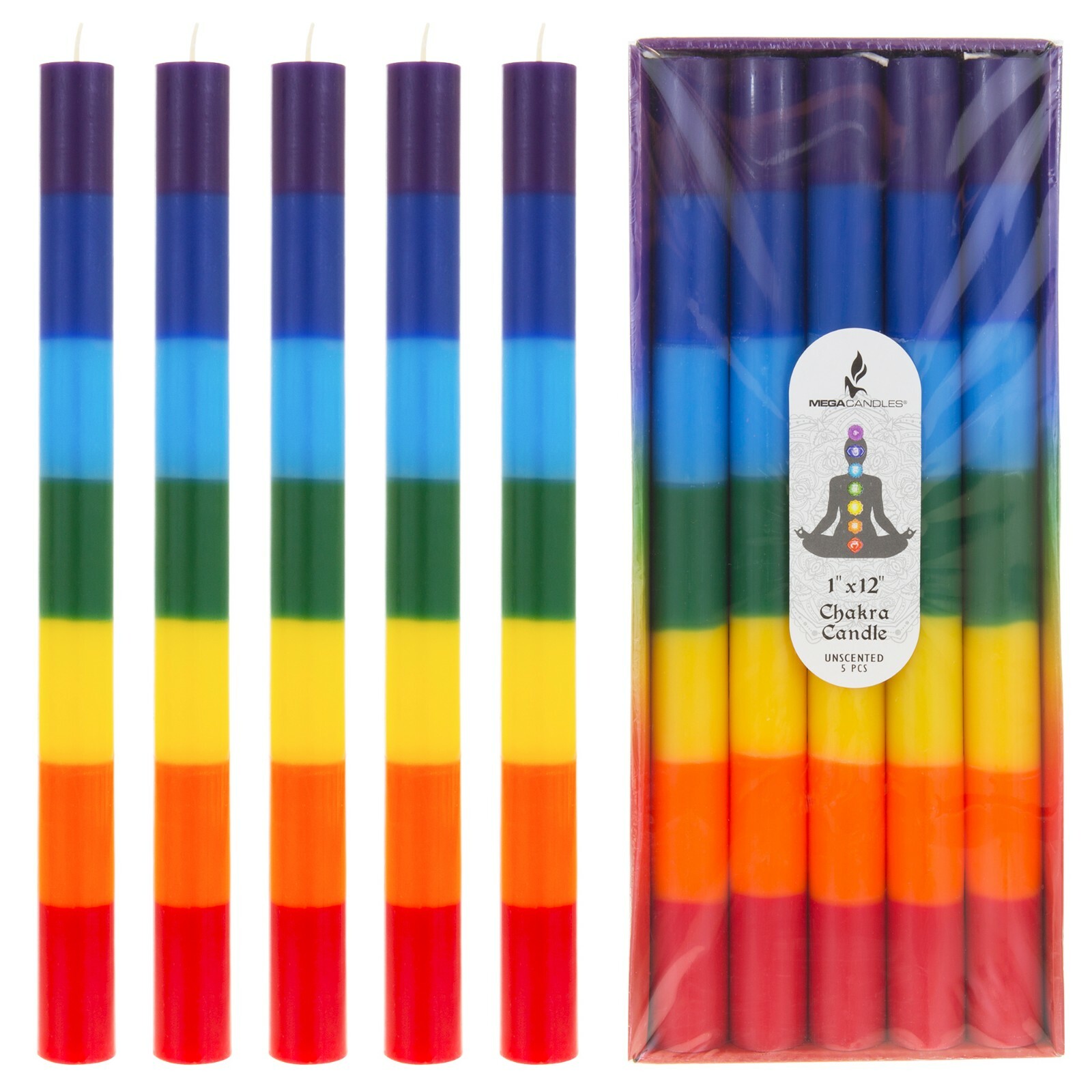 Mega Candles – Unscented 12″x 1″ Multi Color Chakra Round Taper Candle Set of 5