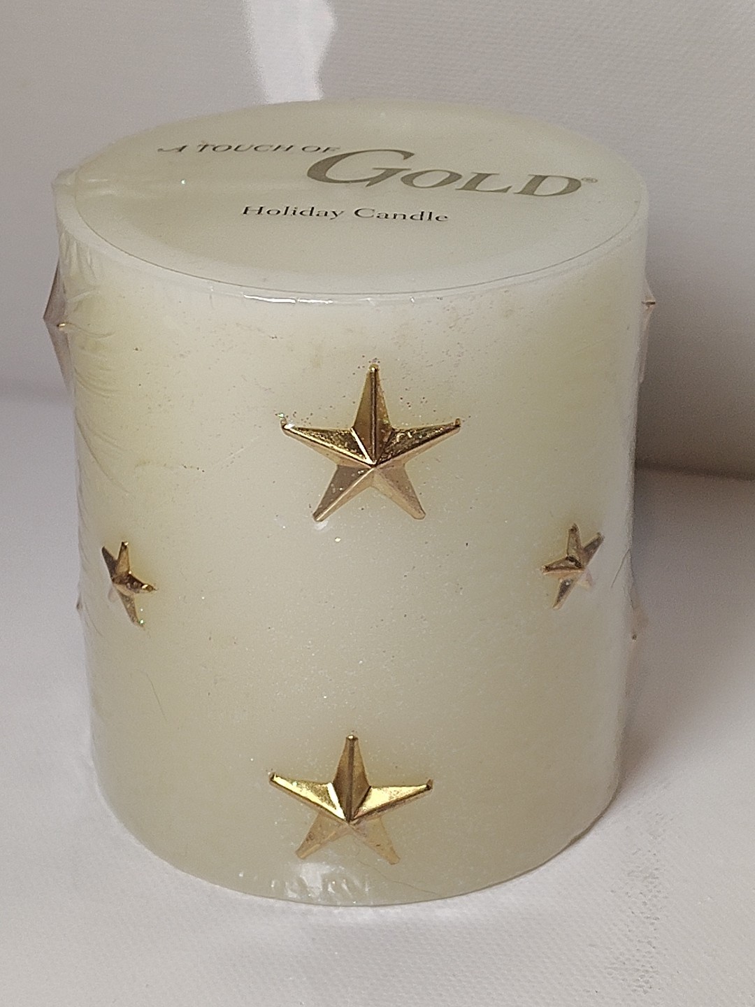 Vintage “A Touch of Gold” Wax Pillar Candle Glitter Cream Gold Stars 3.25″ New