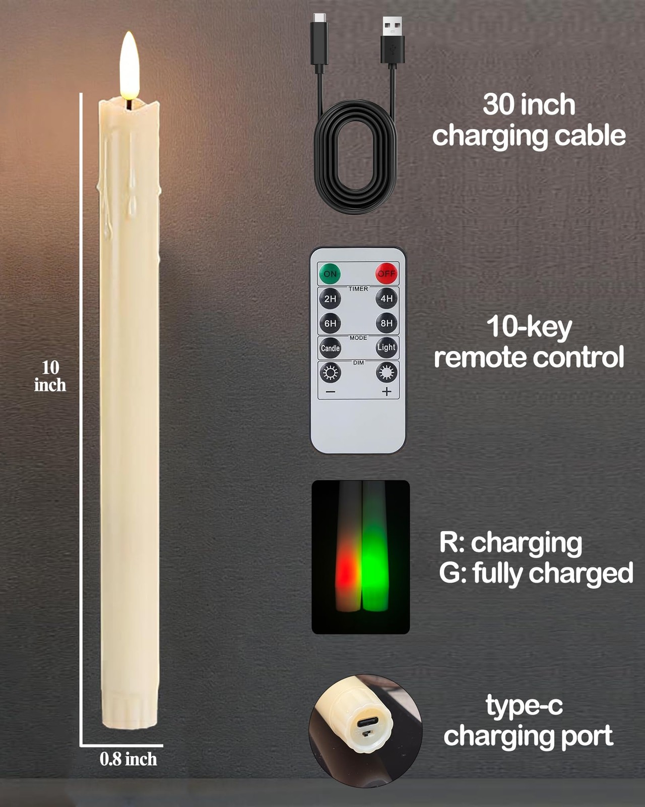 Gmnee 9.6″ Taper Rechargeable Candles Remote And Timer, Ivory FT001