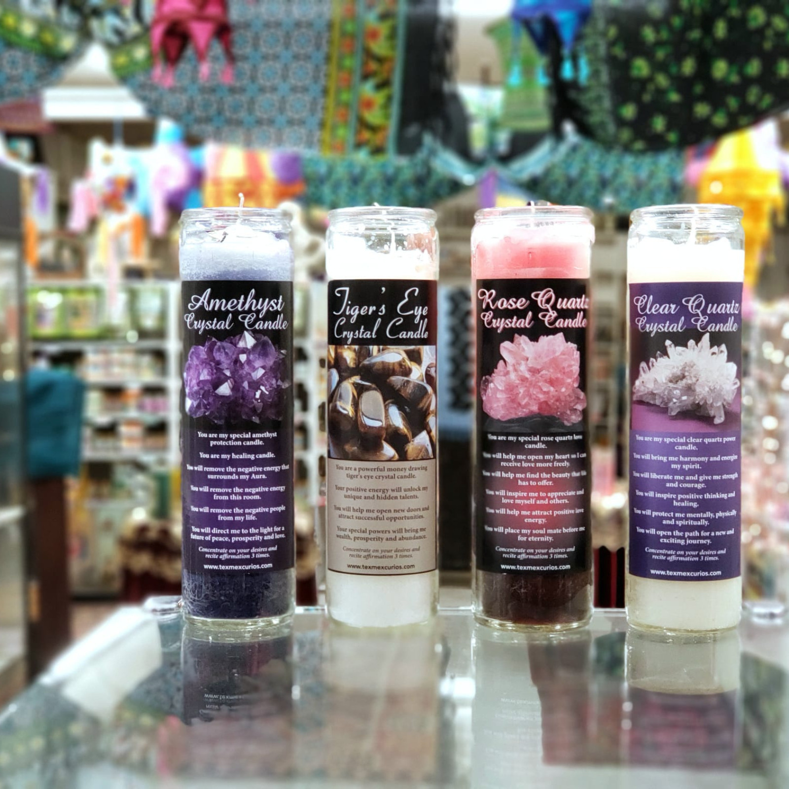Crystal Healing, Set of 4 Candles ~ Amethyst, Tiger’s Eye, Rose & Clear Quartz