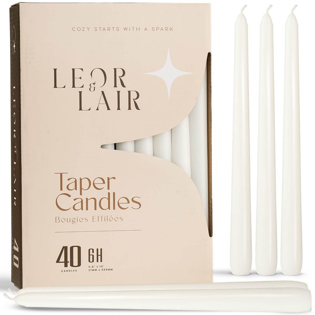Leor & Lair Bulk Taper Candles – 40 Pack – 10″ Tall Candlesticks, 6+ Hours Burn