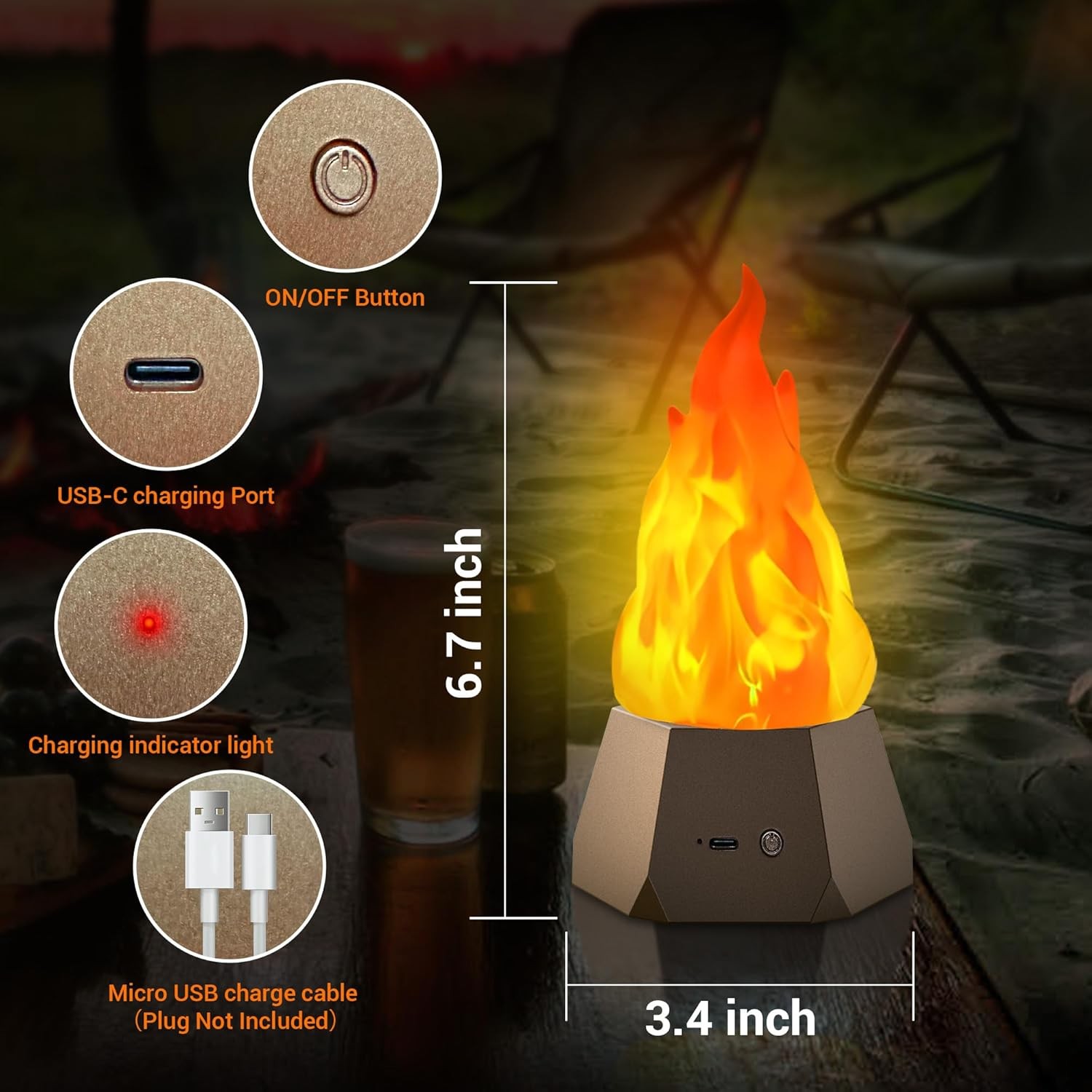 3-Mode LED Flame Lamp, USB Rechargeable Flickering Fire Light for Outdoor/Indoor