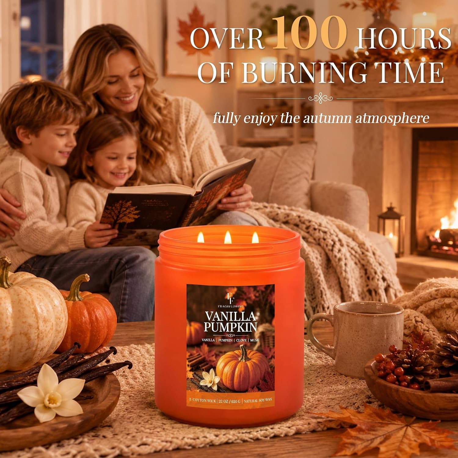Large Fall Candle Vanilla Pumpkin Scented, 3-Wick 22Oz Long Lasting | Soy Wax