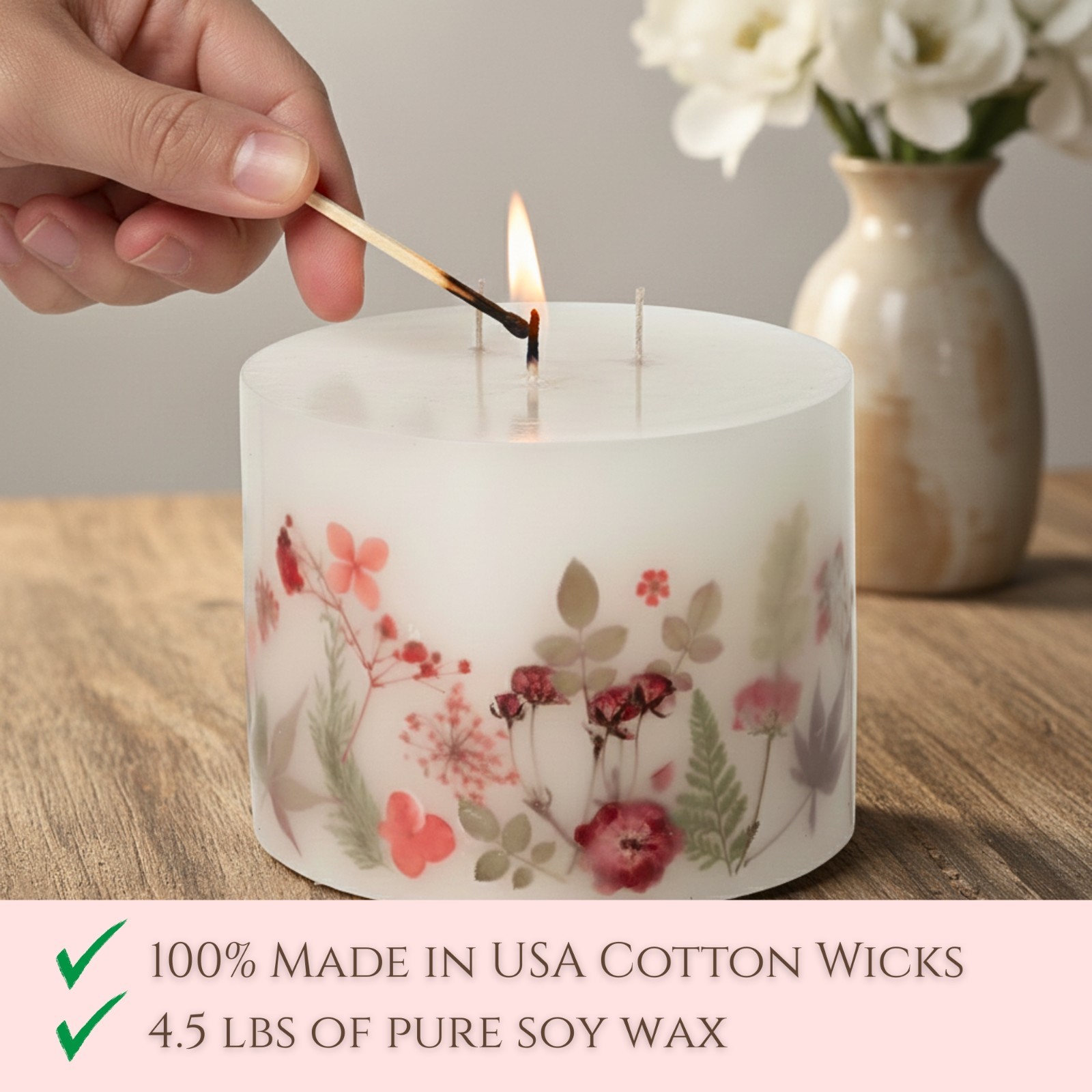 Vance Kitira 3 Wick Pillar Pure Soy Wax Candle, 4LB, 80 Hours No Mess Clean Burn