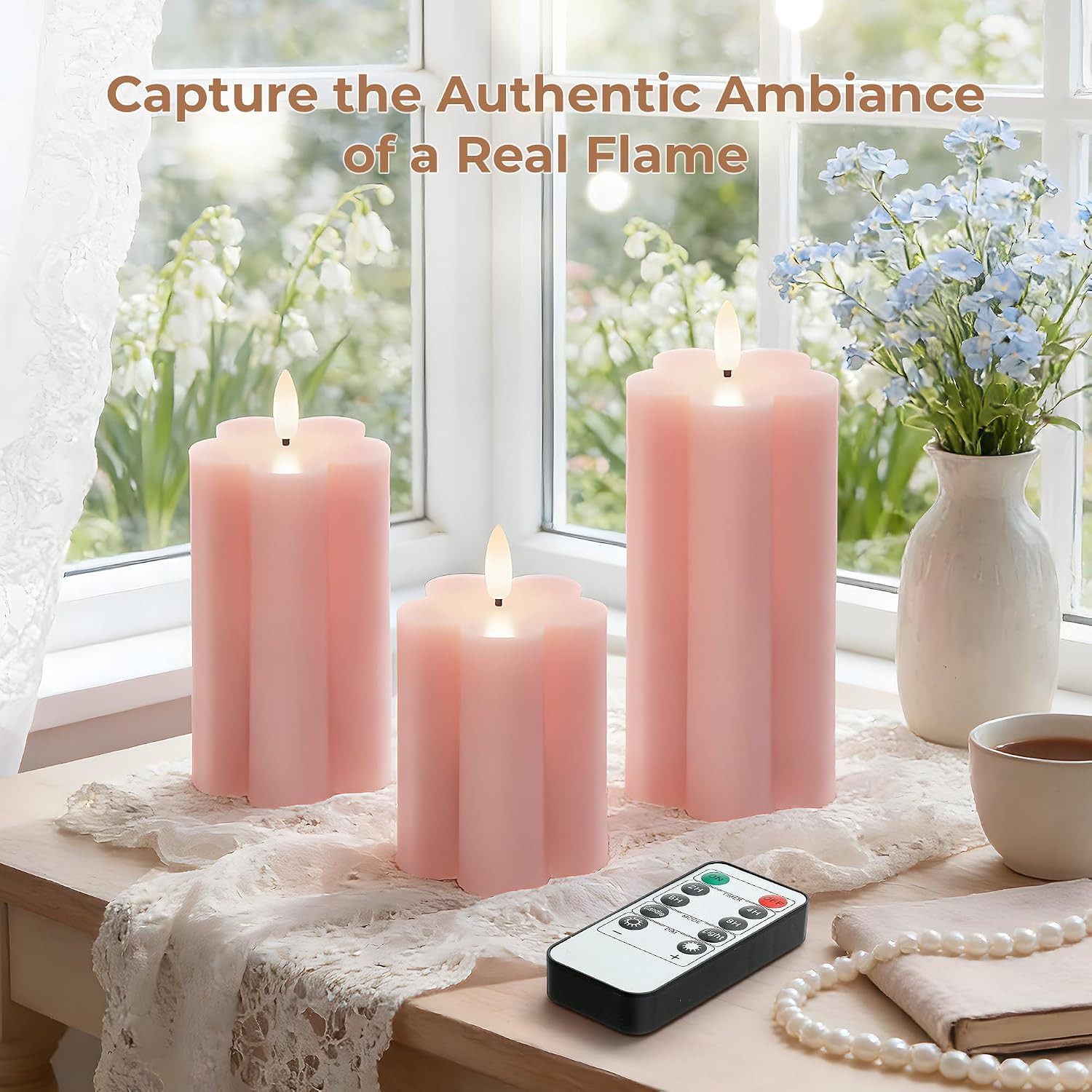 Pink Flower Flameless Candles with Remote and Timer Real Wax Made LED Pillar