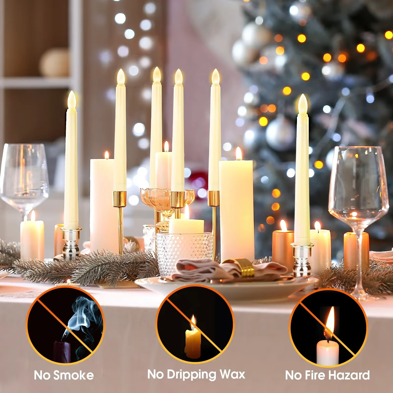 Set of 2, 8″ Flameless Taper Candles Moving Wick Ivory Weddin
