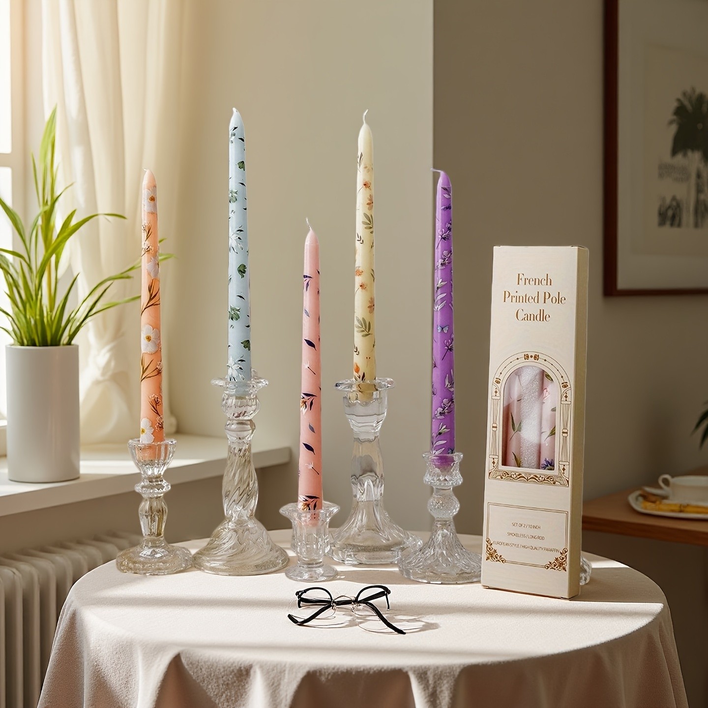 10 in Taper Candles, 2pcs Floral Print Smokeless Tapered, Fancy Dinner Candles
