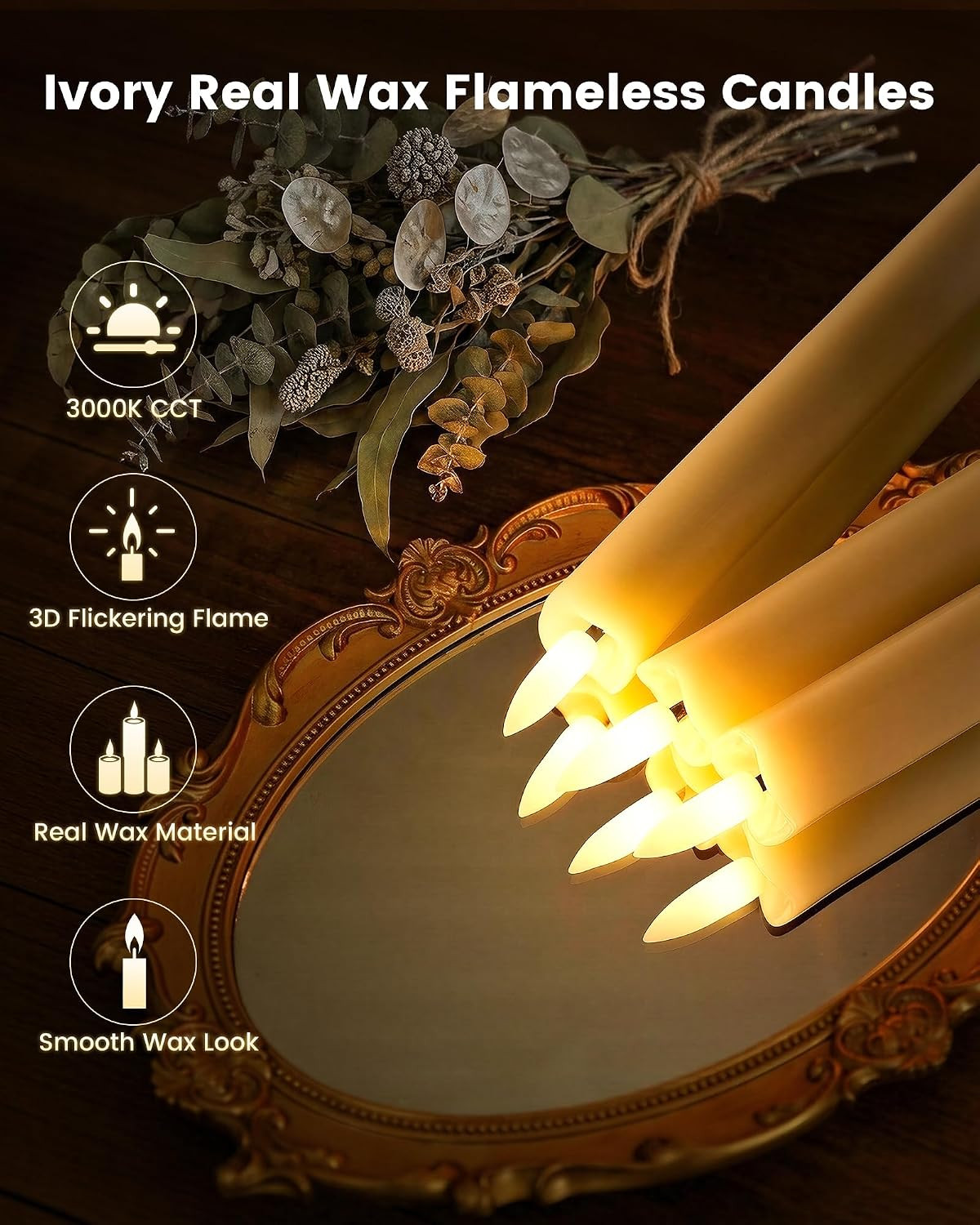 Flameless Taper Candles Real Wax with Remote, 9.6″ LED Candlesticks | Battery Op