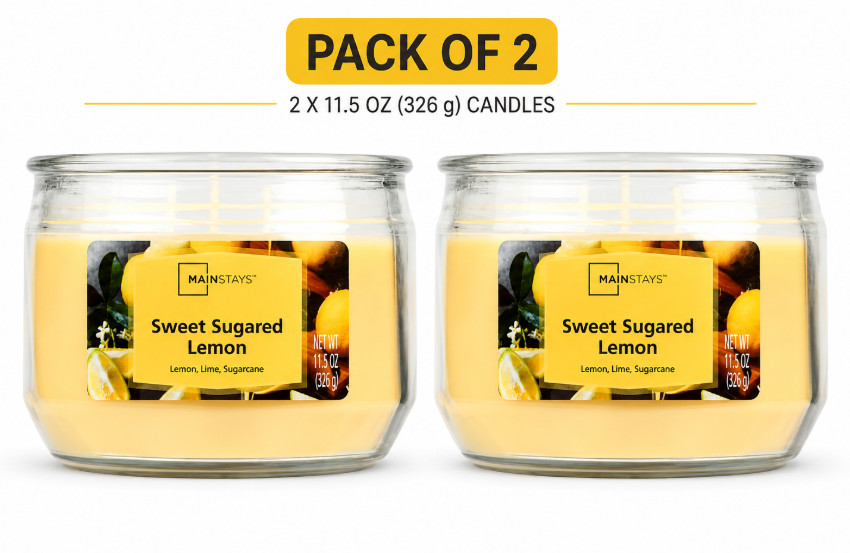 Pack of 2, 3-Wick Sweet Sugared Lemon Scented Glass Jar Candle, Yellow, 11.5 oz