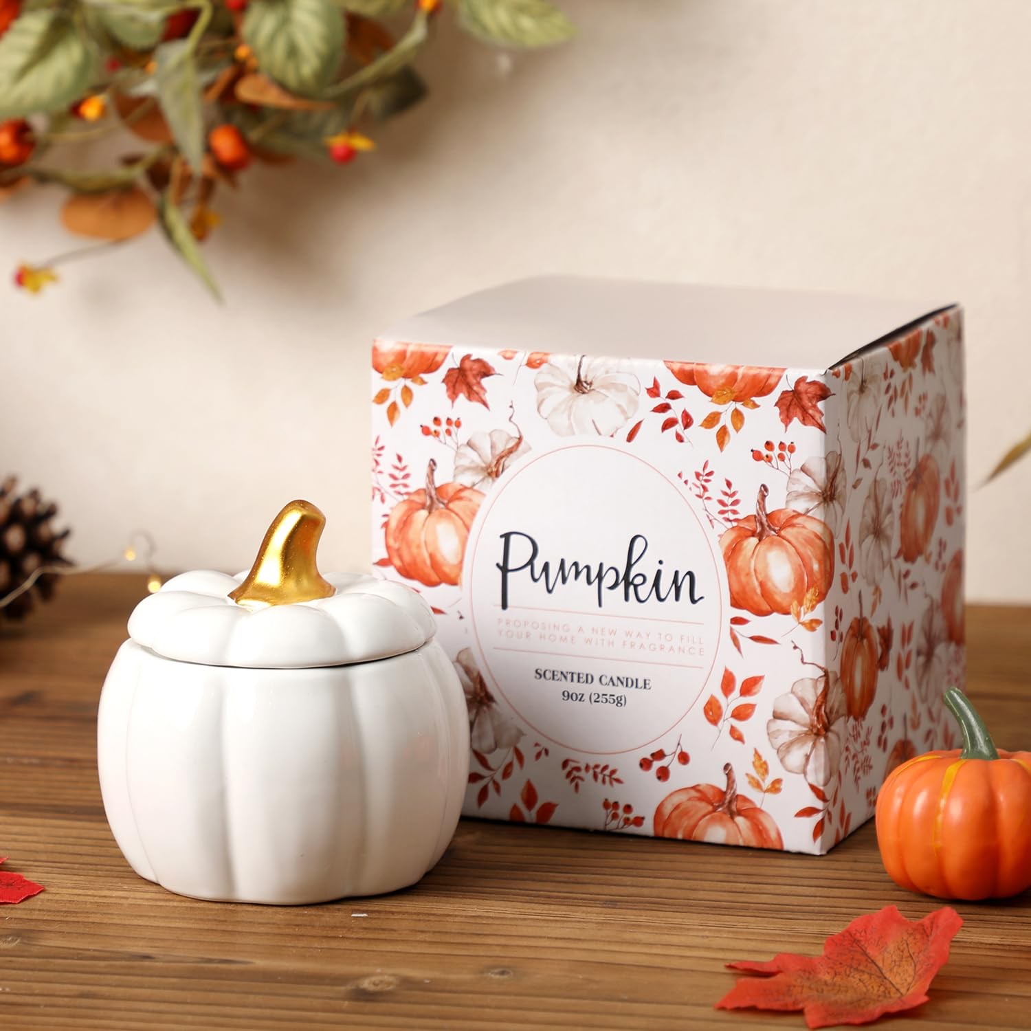 Pumpkin Shape Candle Fall Spice Scented Halloween Decor White 9oz