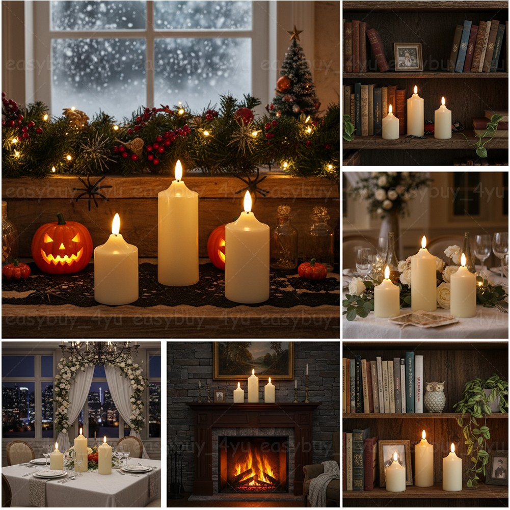 Set of 3 Flameless Flickering LED Pillar Candles with Timer Remote Home Decor
