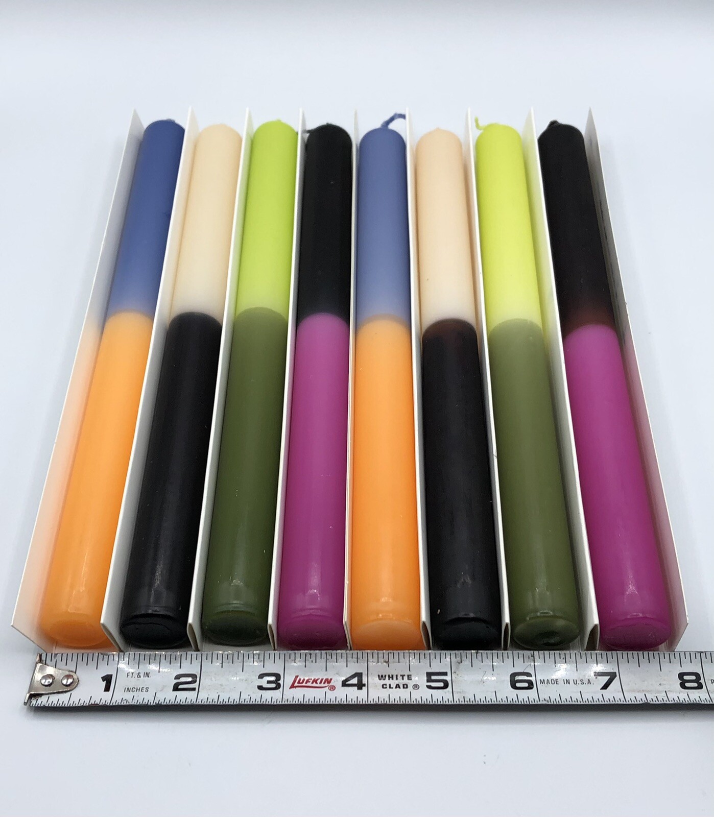 New – Multi Color 10″ Two-Tone Taper Candle Set of 8 – Color-Block Tall Candles