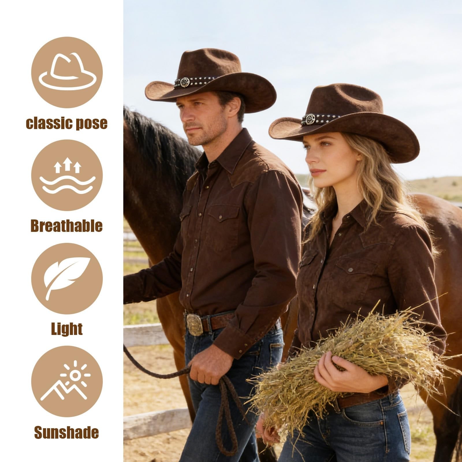 Unisex Wide Brim Brown Cowboy Hat Adjustable Size Fashionable
