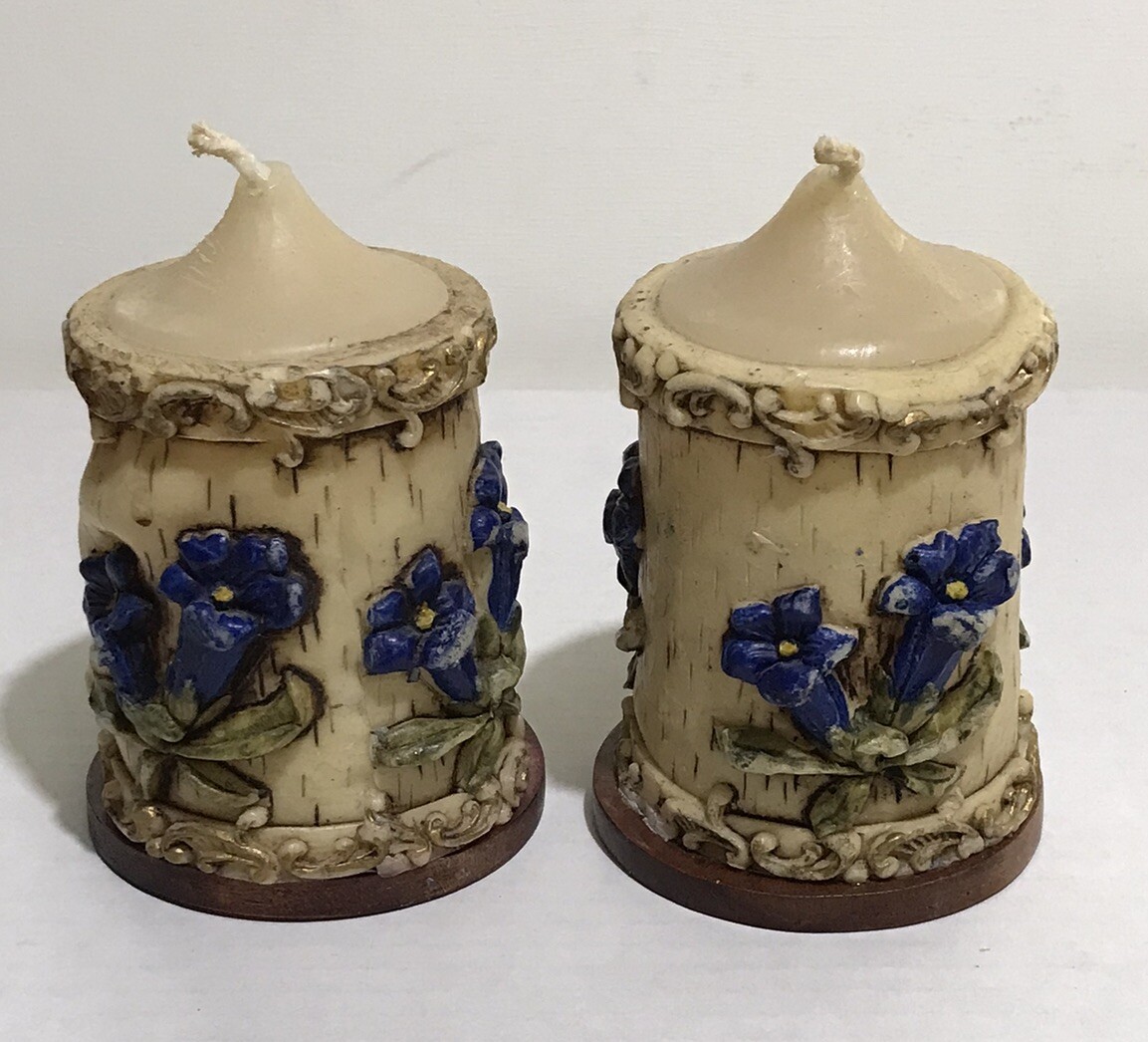 Vintage Set Of 2 Carved Flower Pillar Candles Hand Painted With Wood Base