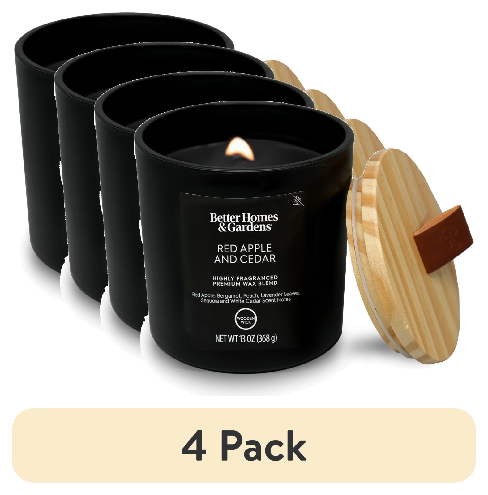 (4 pack) Better Homes & Gardens 13oz Red Apple Cedar Scented Wooden Wick Jar Can