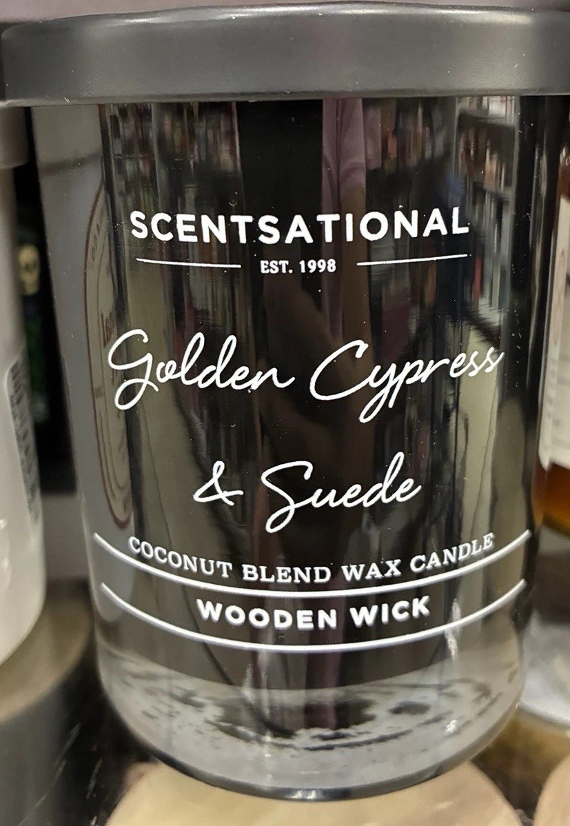 Scentsational GOLDEN CYPRESS SUEDE Soy Blend Small 1-Wick Candle WOOD WICK 11 OZ