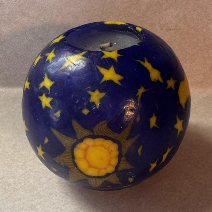 y2k celestial round candle 4in tall moon sun and stars