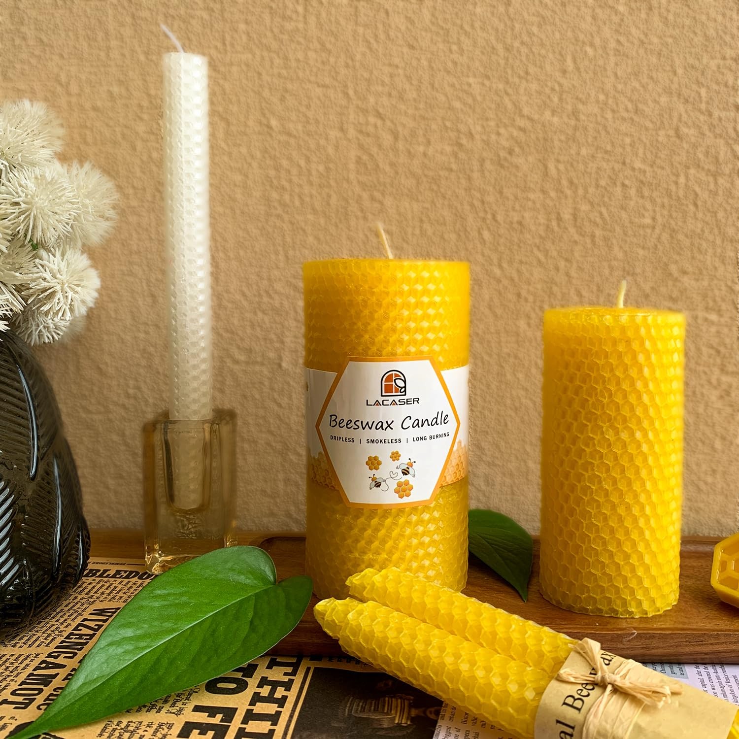 Large Beeswax Pillar Candles, Size 3″x6″, Natural Bees Wax Candle Handrolled …