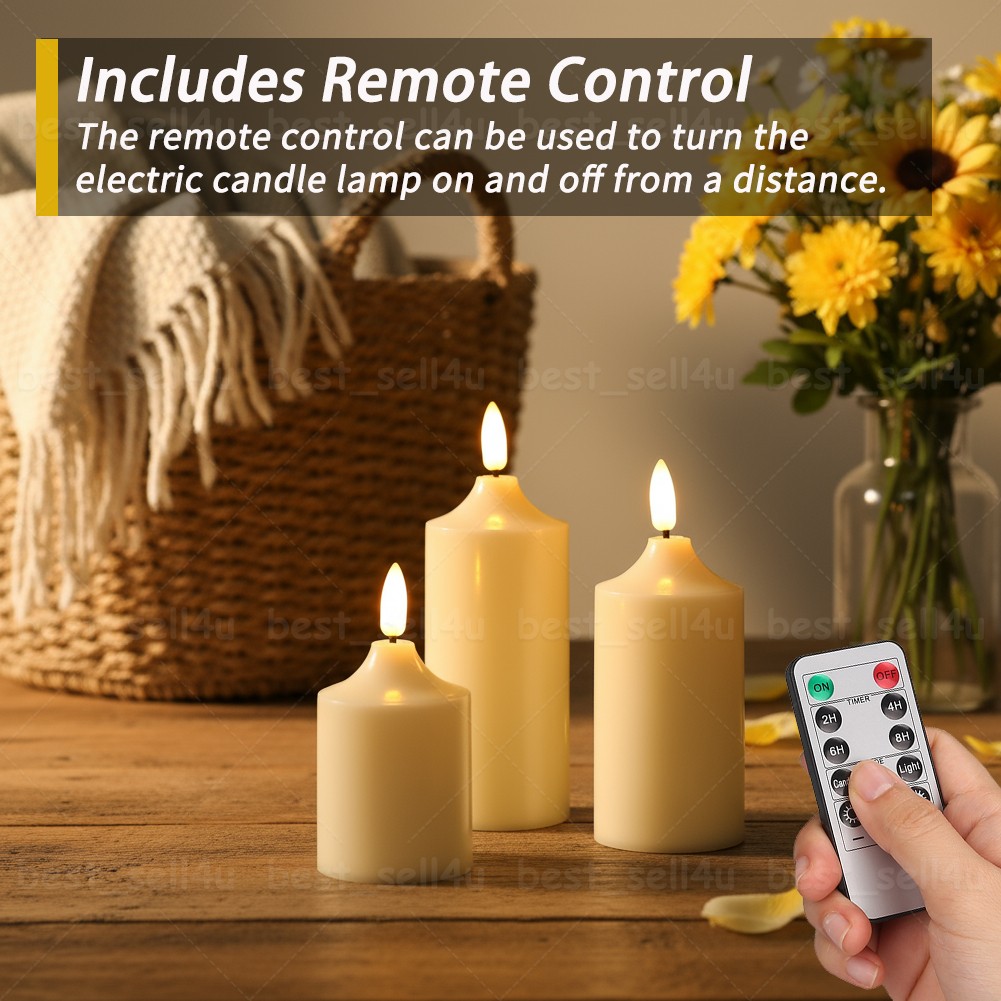 Set of 3 Flameless Flickering LED Pillar Candles with Timer Remote Home Decor
