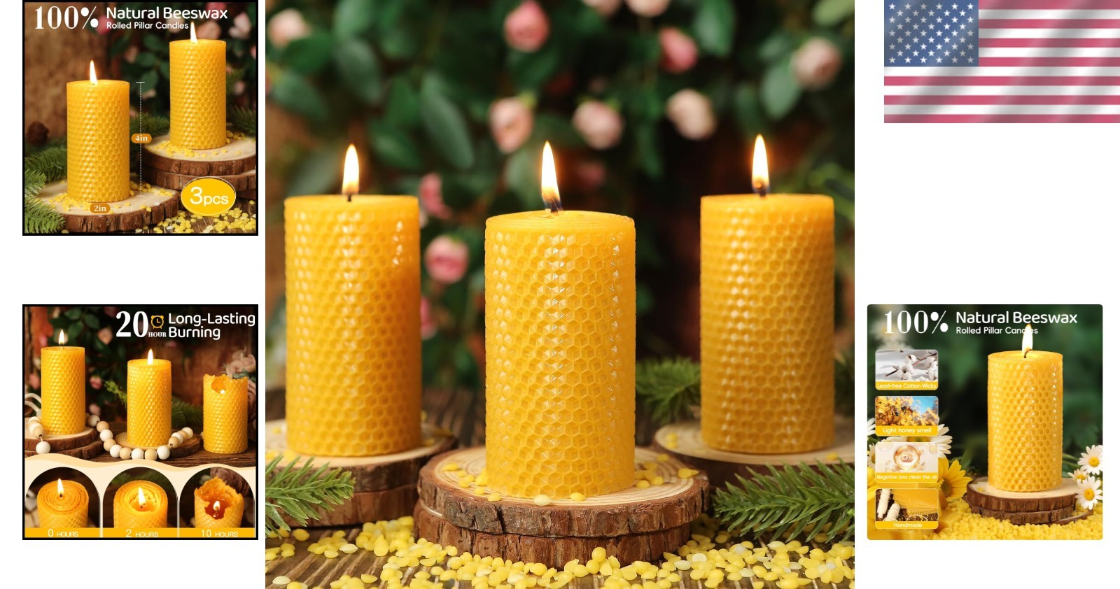 Beeswax Pillar Candles 3 Pack Long Burn Unscented Dripless Organic 2x4in