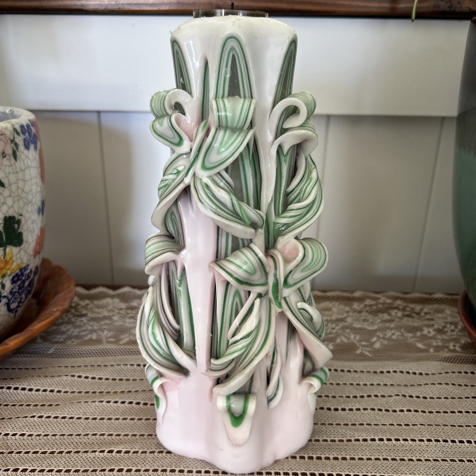 Vintage Hand Carved Pillar 10″ Candle Ribbon Bows White Pink Light Green