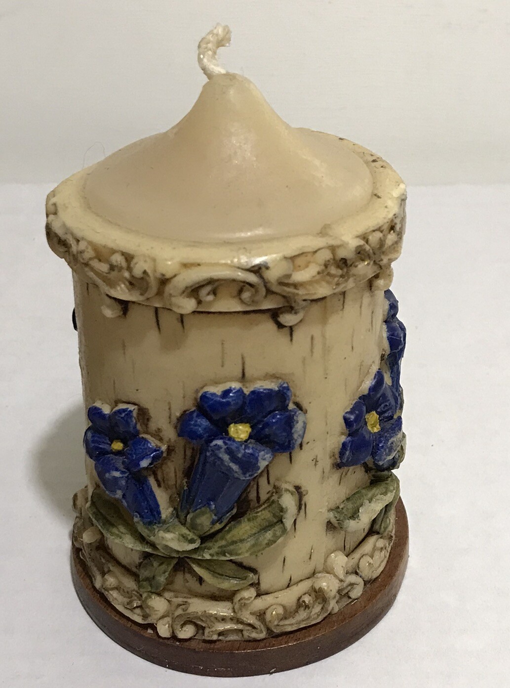 Vintage Set Of 2 Carved Flower Pillar Candles Hand Painted With Wood Base