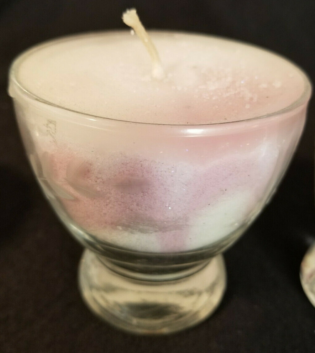 Vtg Handcrafted Wax Crystals Sparkle Candle in 1950’s Etched Glass – 3-1/2″ #2