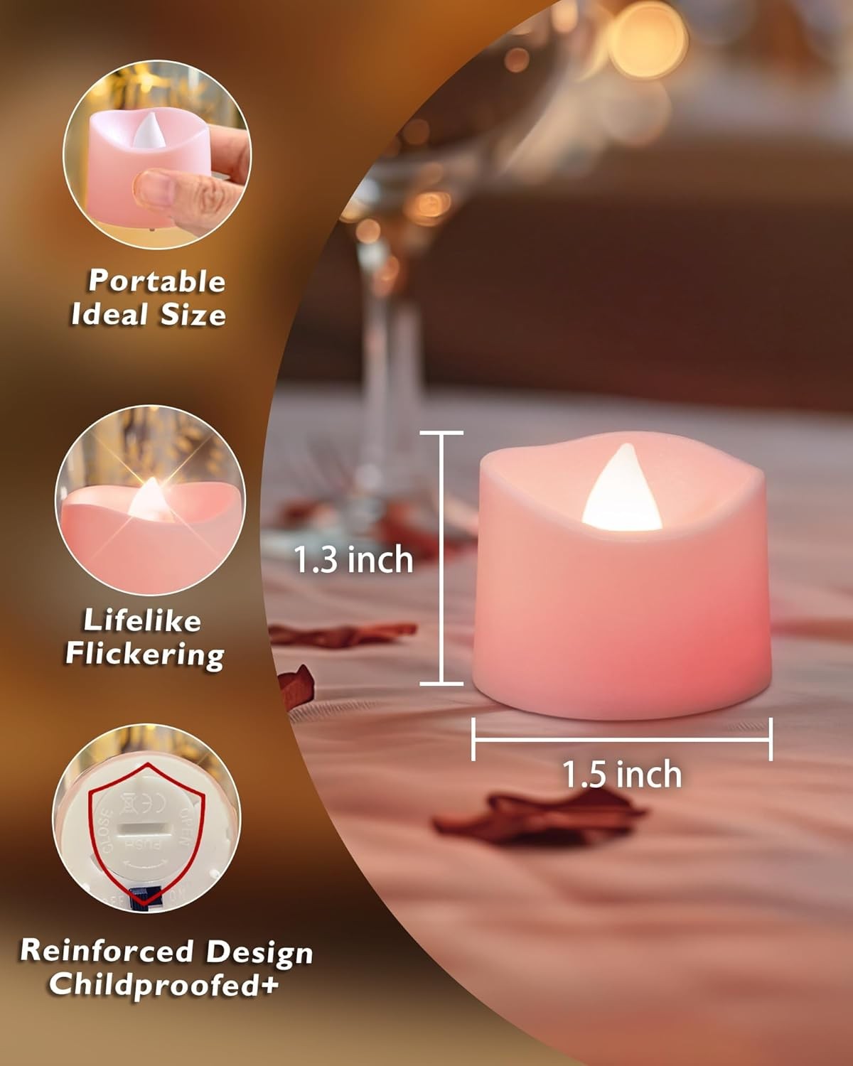 12pc Pink Tea Lights Candles Battery Operated, 200hr Flameless Flickering Lights
