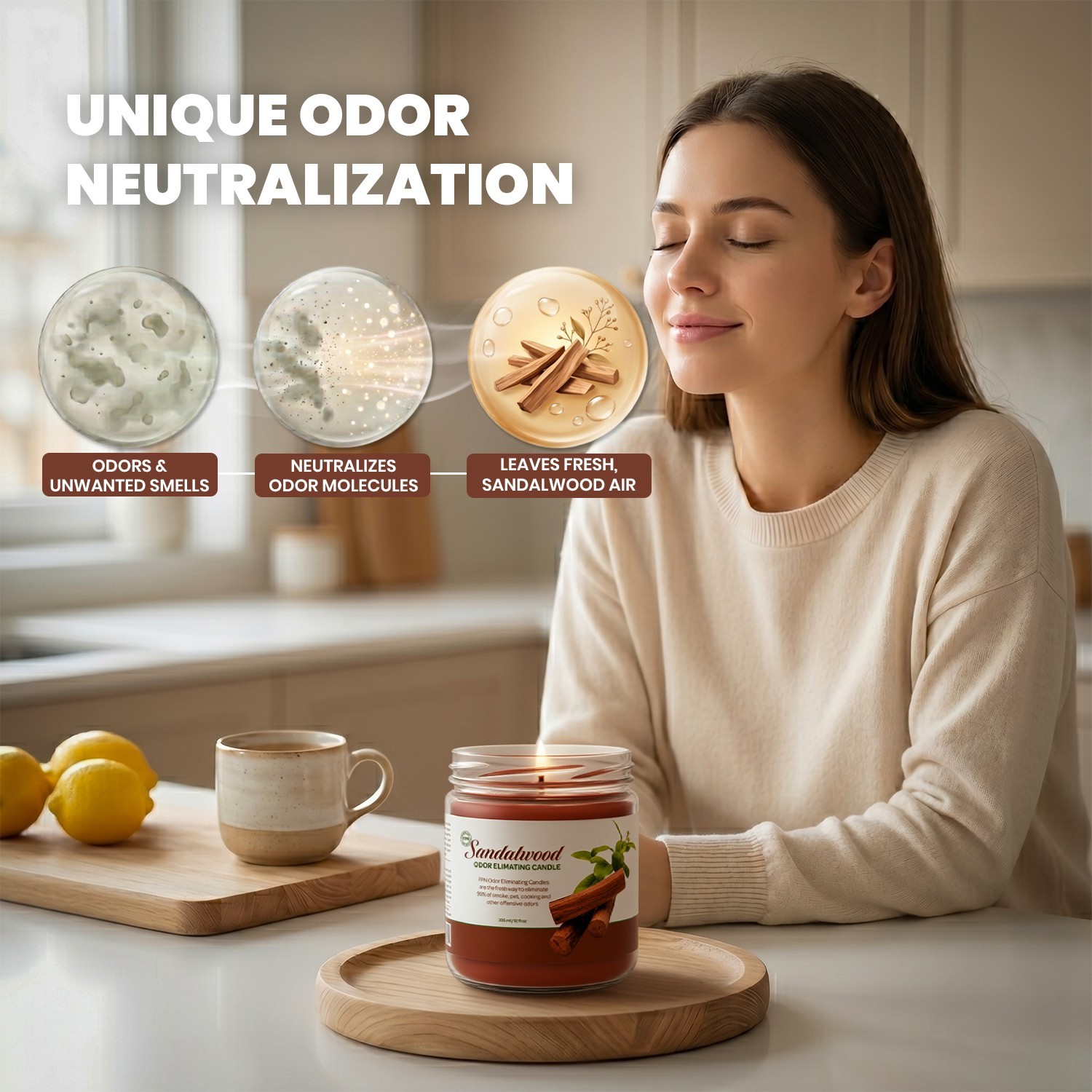 FPN Smoke Scented Odor Eliminating Candles Natural Soy Wax Candle Sandalwood-2Ct