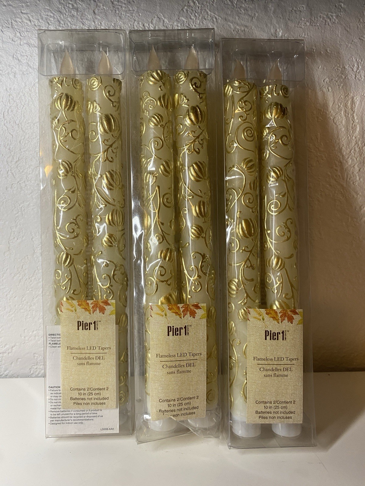 VTG NOS PIER 1 White &Gold Design Flameless LED Taper Candles Three 2-Packs