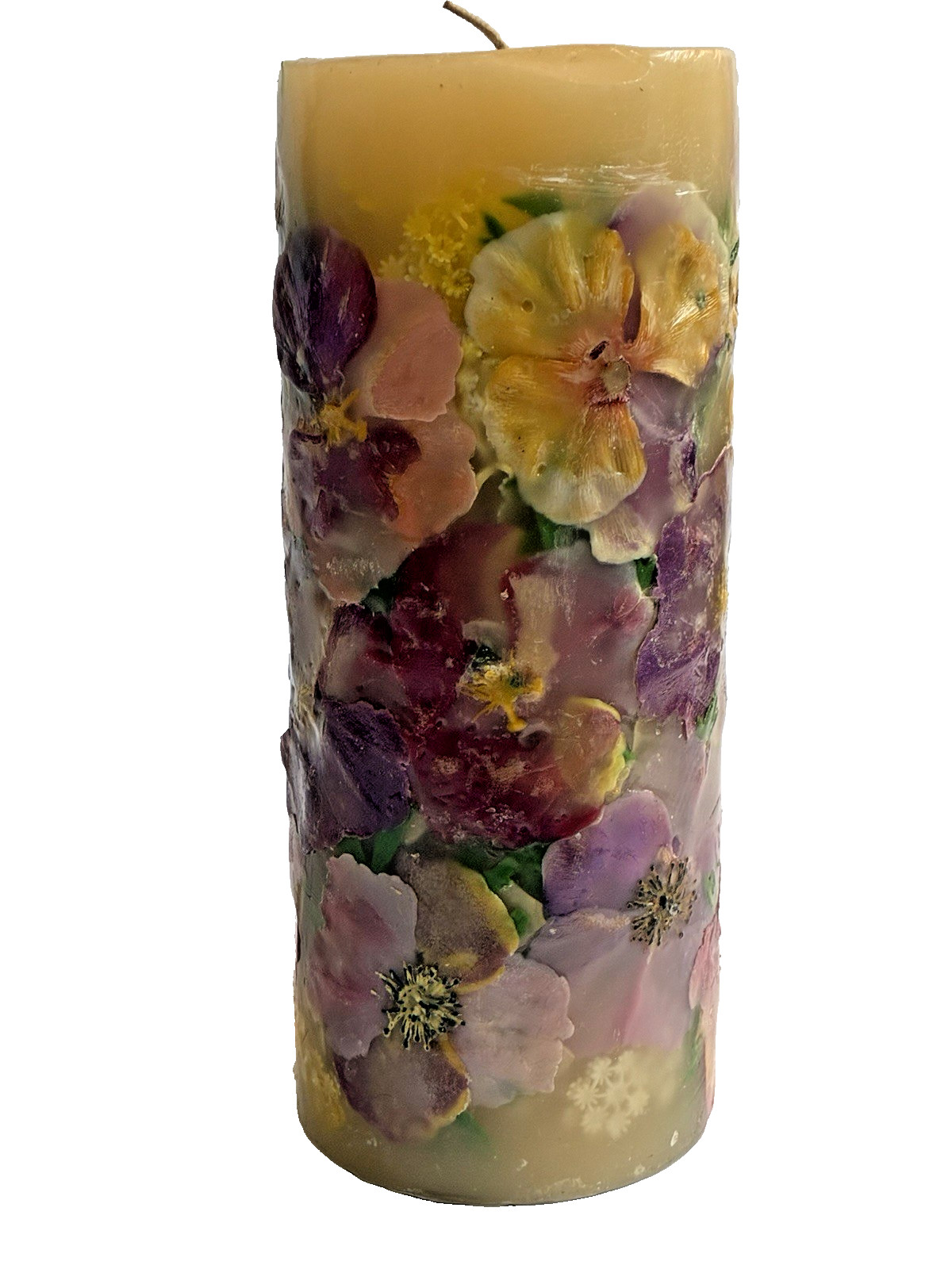Botanical Decorative Pillar Candle w/Embedded Dried Flowers & Leaves 9.5″ Heavy