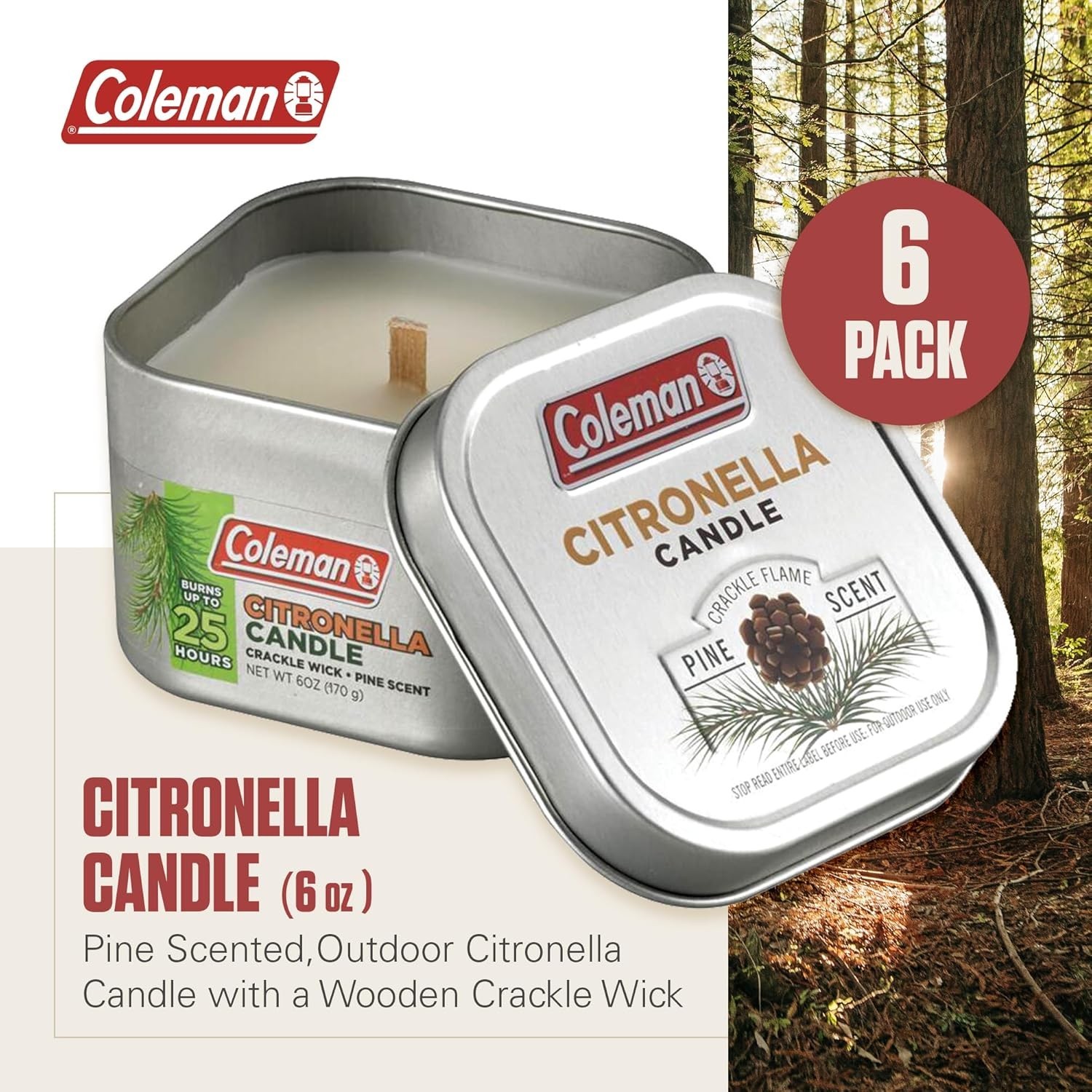 Scented Outdoor Citronella Candle with Wooden Crackle Wick, Pine Scent, 6 oz …