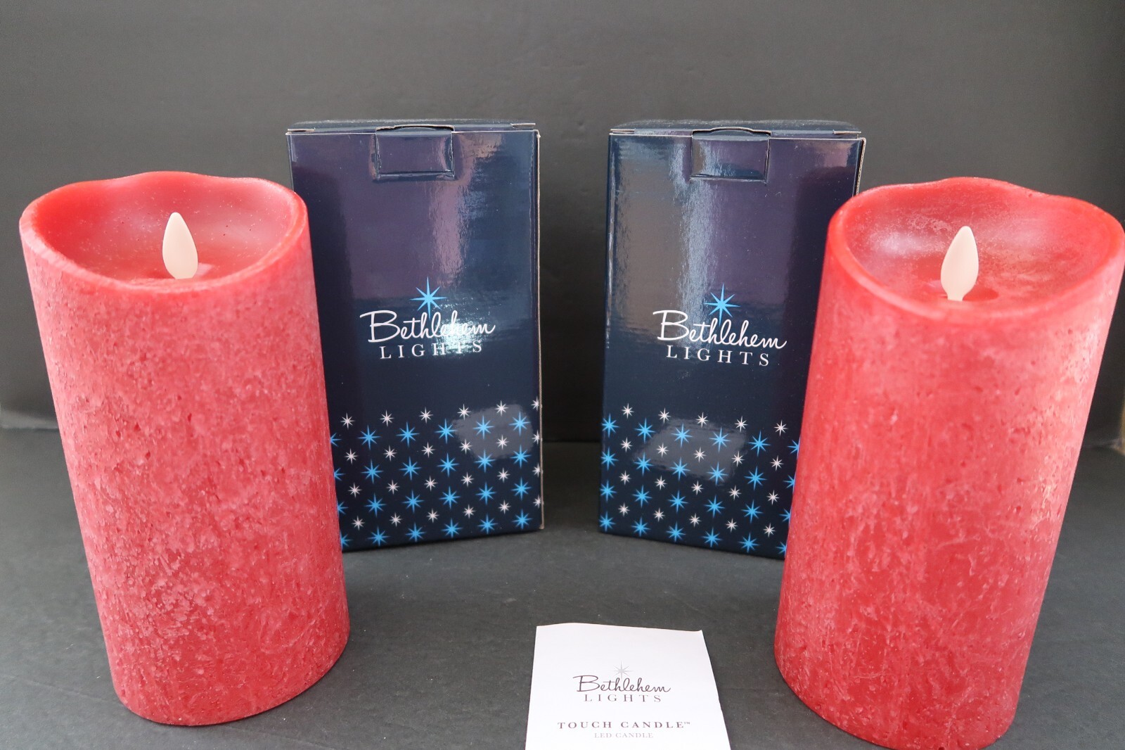 2 RED Bethlehem Lights Flameless Pillar Candle Touch Timer Blow Out Christmas 7″