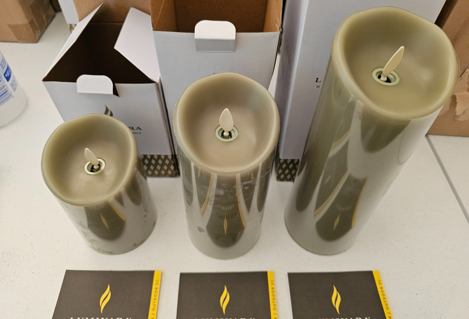 Flameless Luminara Sage Green 3 Pc Pillar Set 4.5″, 6.5″ & 8.5″ Tall, 3″ Dia