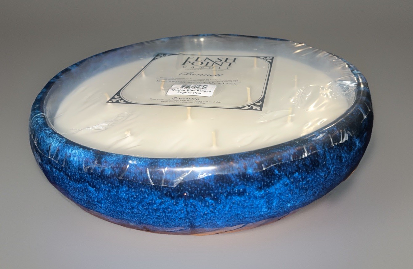 Flash Point Bennett 12 Wick Candle Mission Blue Earth Pottery English Pear New