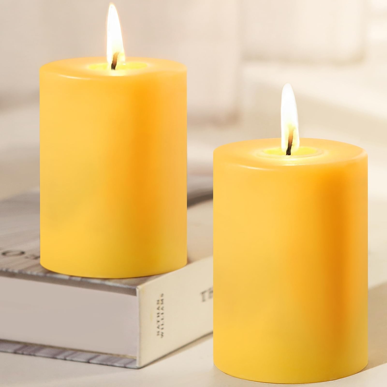 Capaniel Natural Beeswax Pillar Candles, 2 Pack, 3 x 4 Inch, 120 Hours Total
