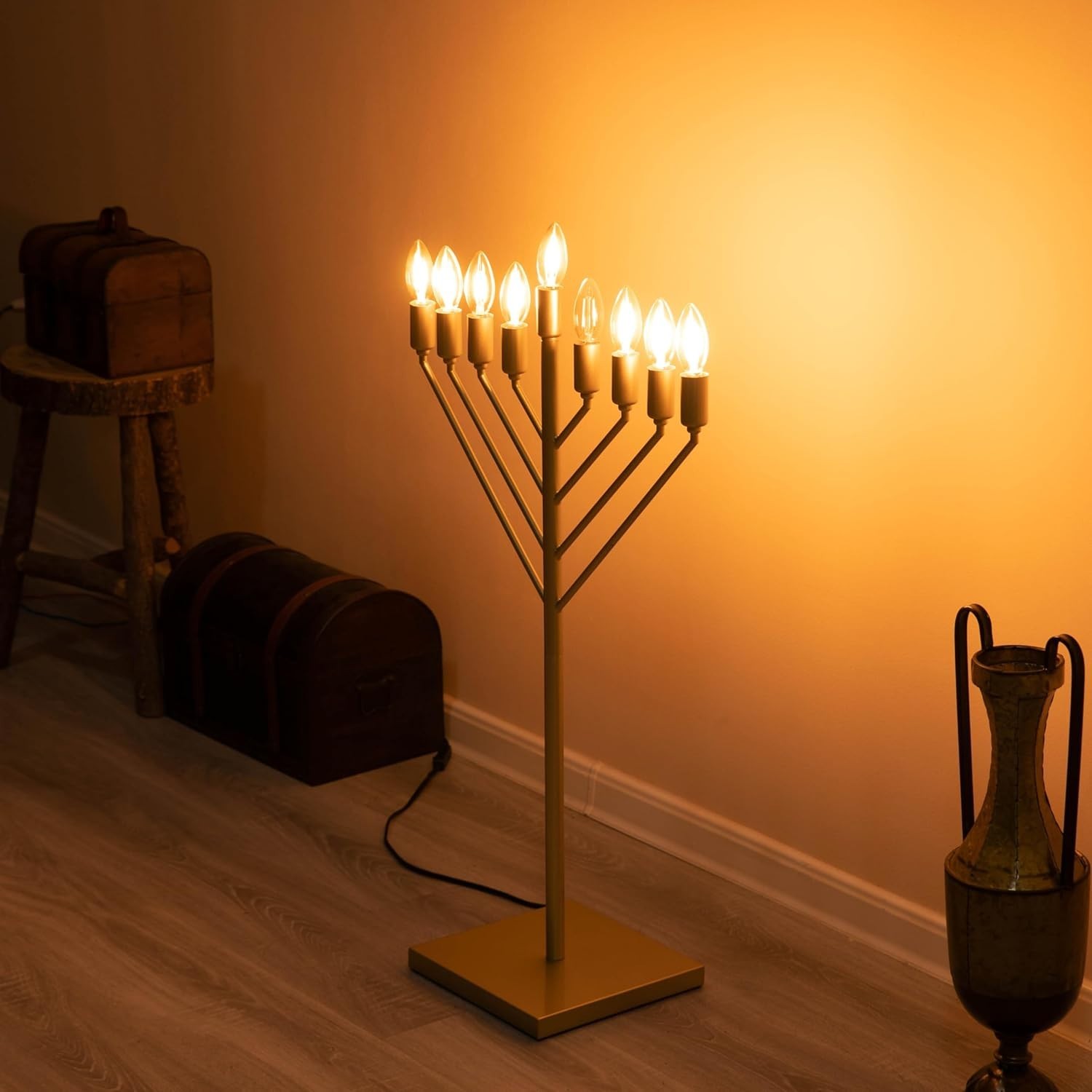 35″ Modern Gold 9 Branch Hanukkah Menorah Lamp LED Floor Standing Decor