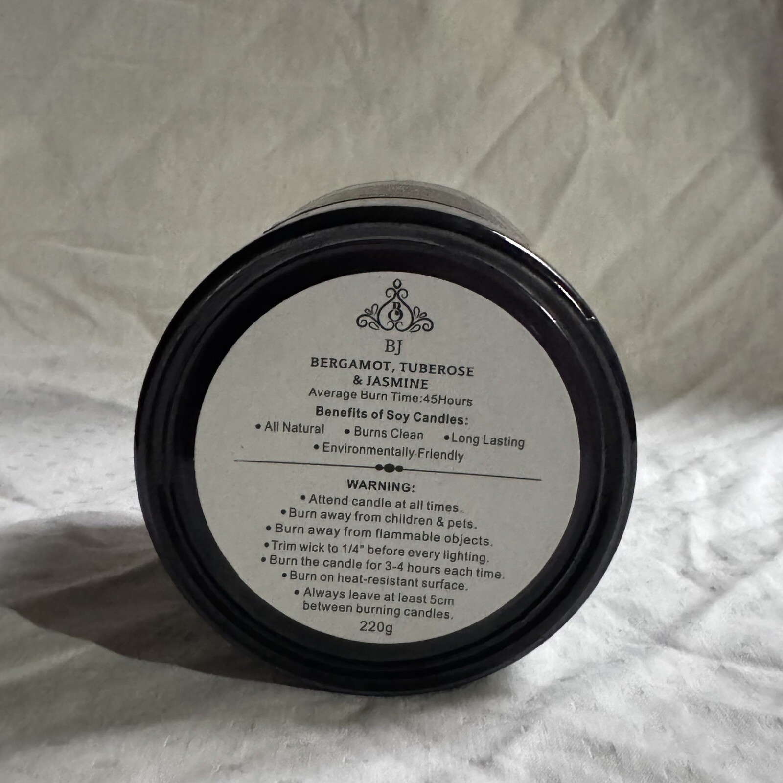 Bergamot, Tuberose & Jasmine Soy Candle,45 hours burning time,220g-Free Shipping