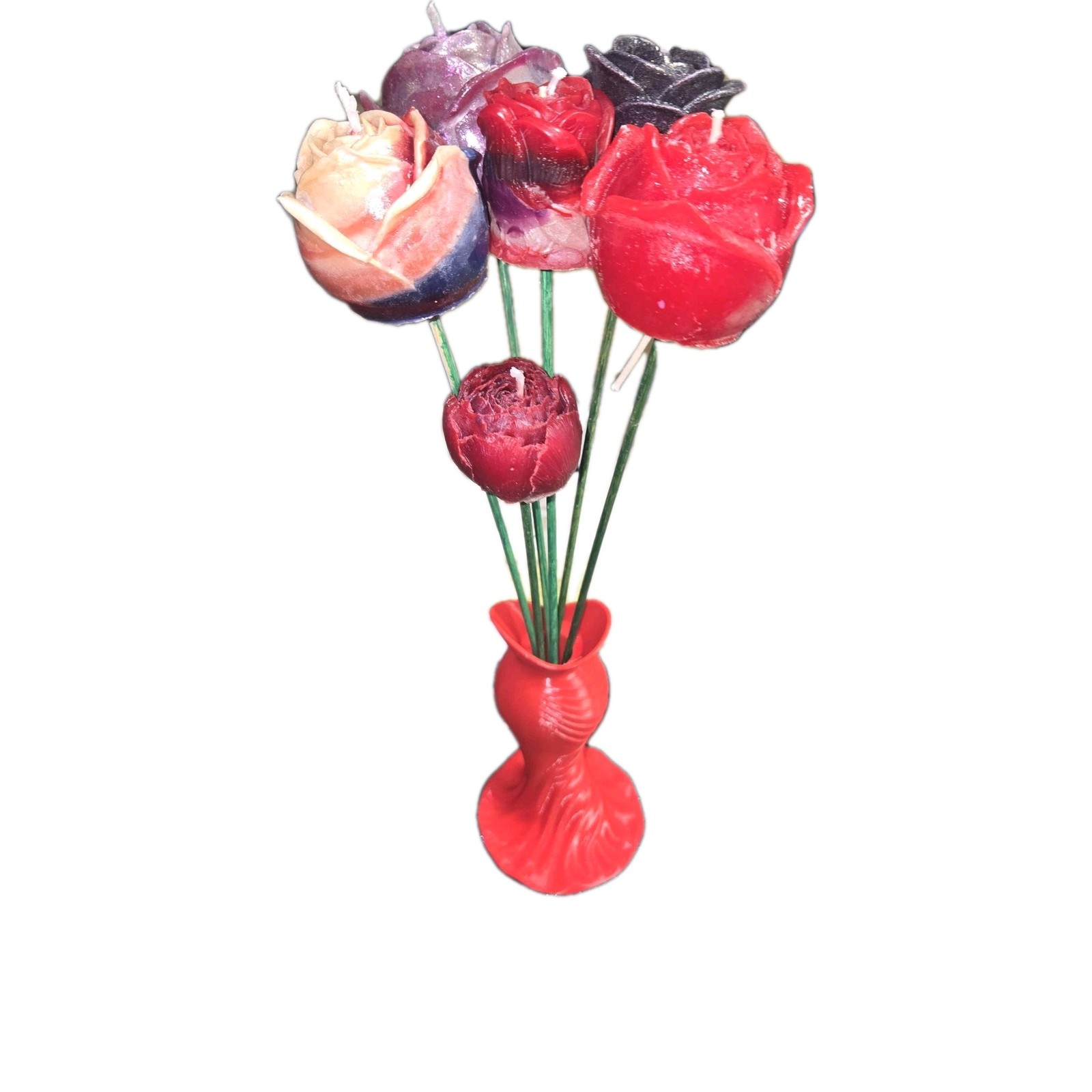 1/2 Dozen Stemmed Flower Candle Bouquet in Red Vase Multicolor