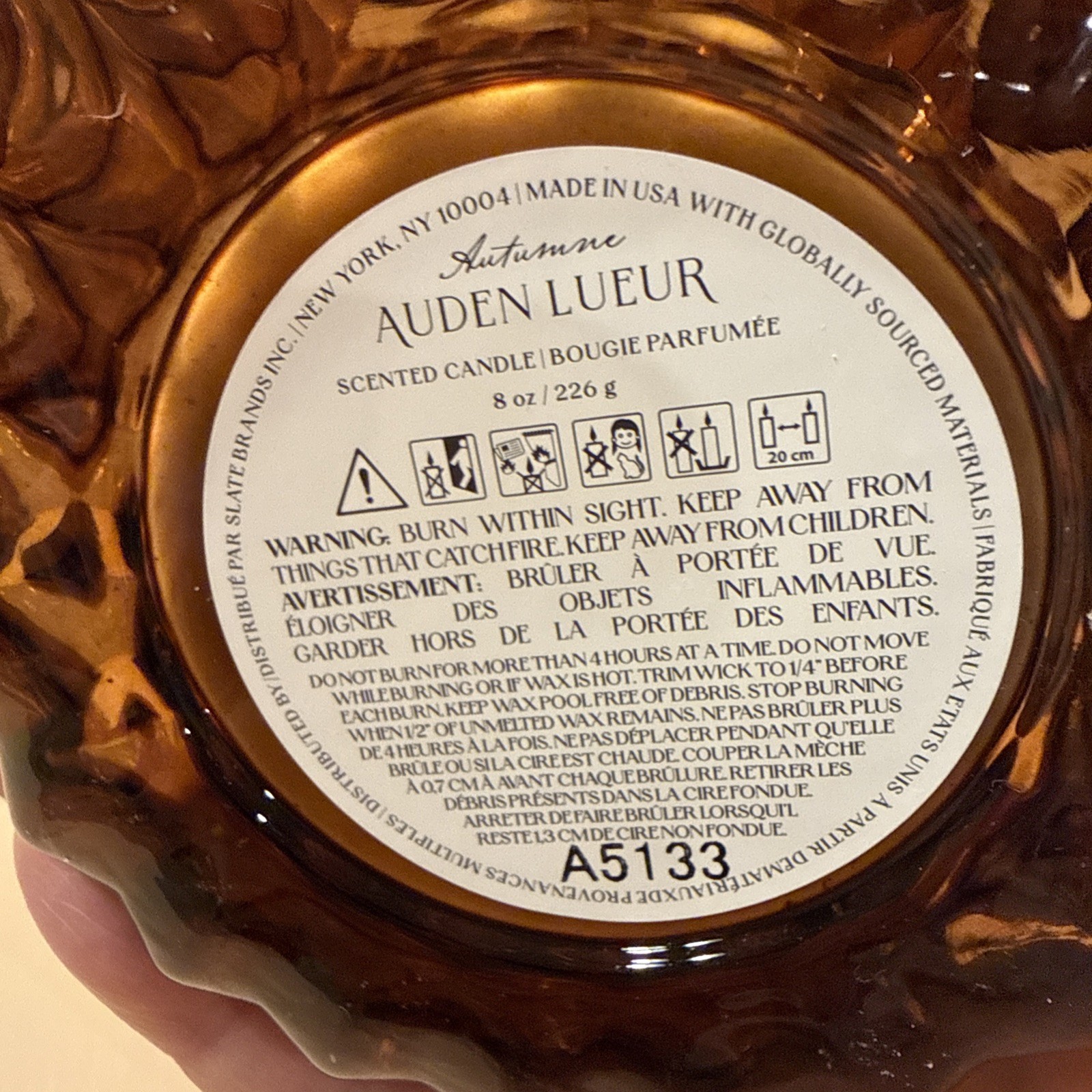 AUTUMNE BY AUDEN LUEUR SCENTED CANDLE 8.0 OZ Glass Jar Cinnamon Liquor Amber