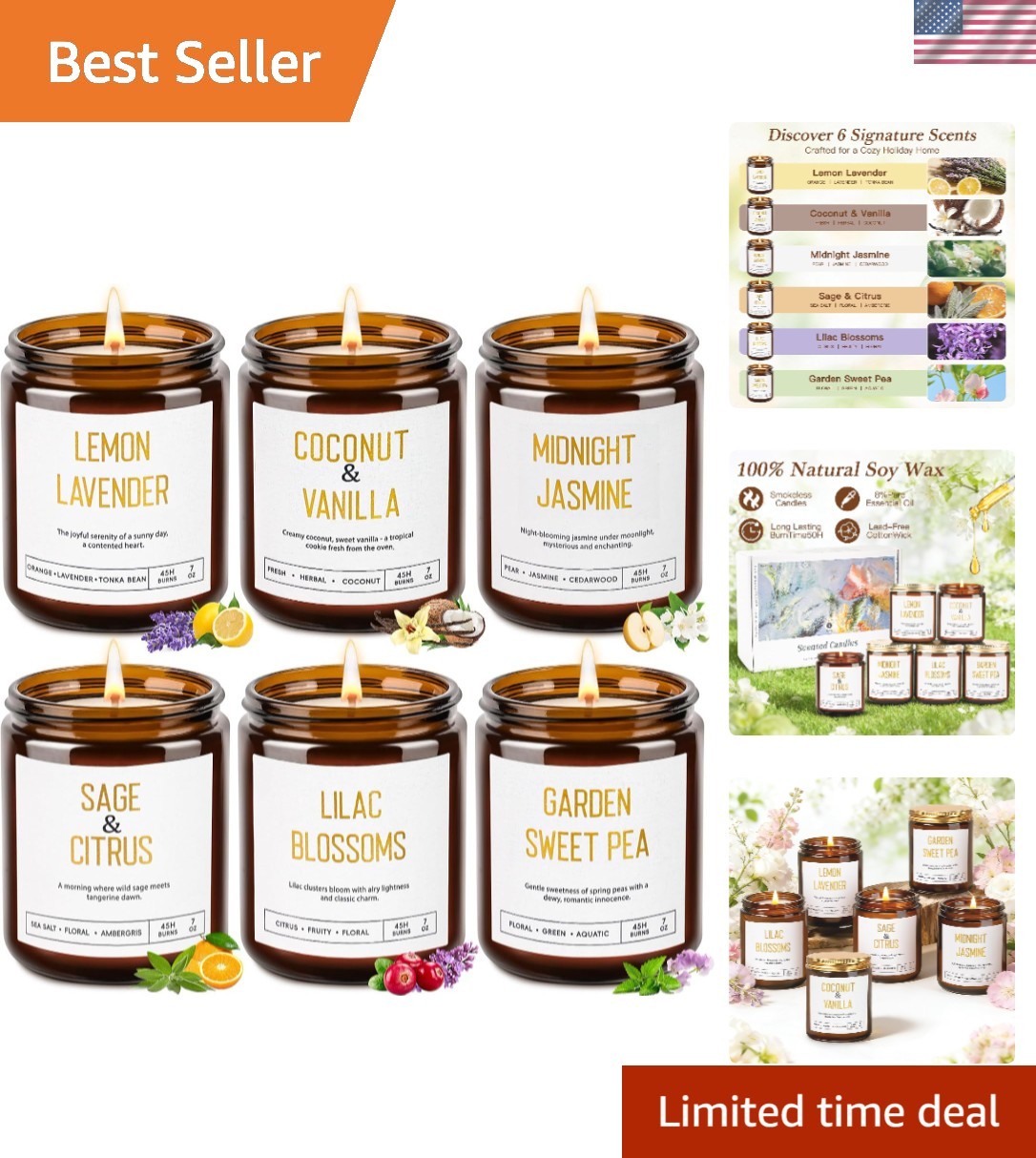 Luxurious 6 Piece Soy Candle Set in Amber Jars – Perfect Gift for Women